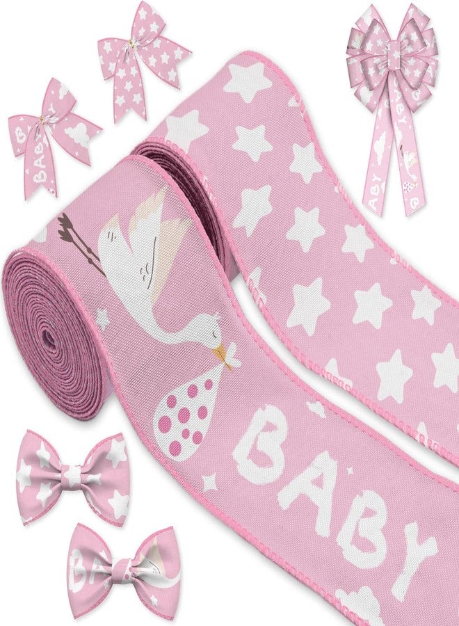 YKW 2 Rolls Baby Girl Ribbon Set, 2.5" Wide Satin Wired Edge Ribbons, Pink Stork Star Pattern, 2 Rolls x 5 Yards Each for Newborn Decorations, Baby Shower, Nursery Decor (10 Yards Total) - Image 1